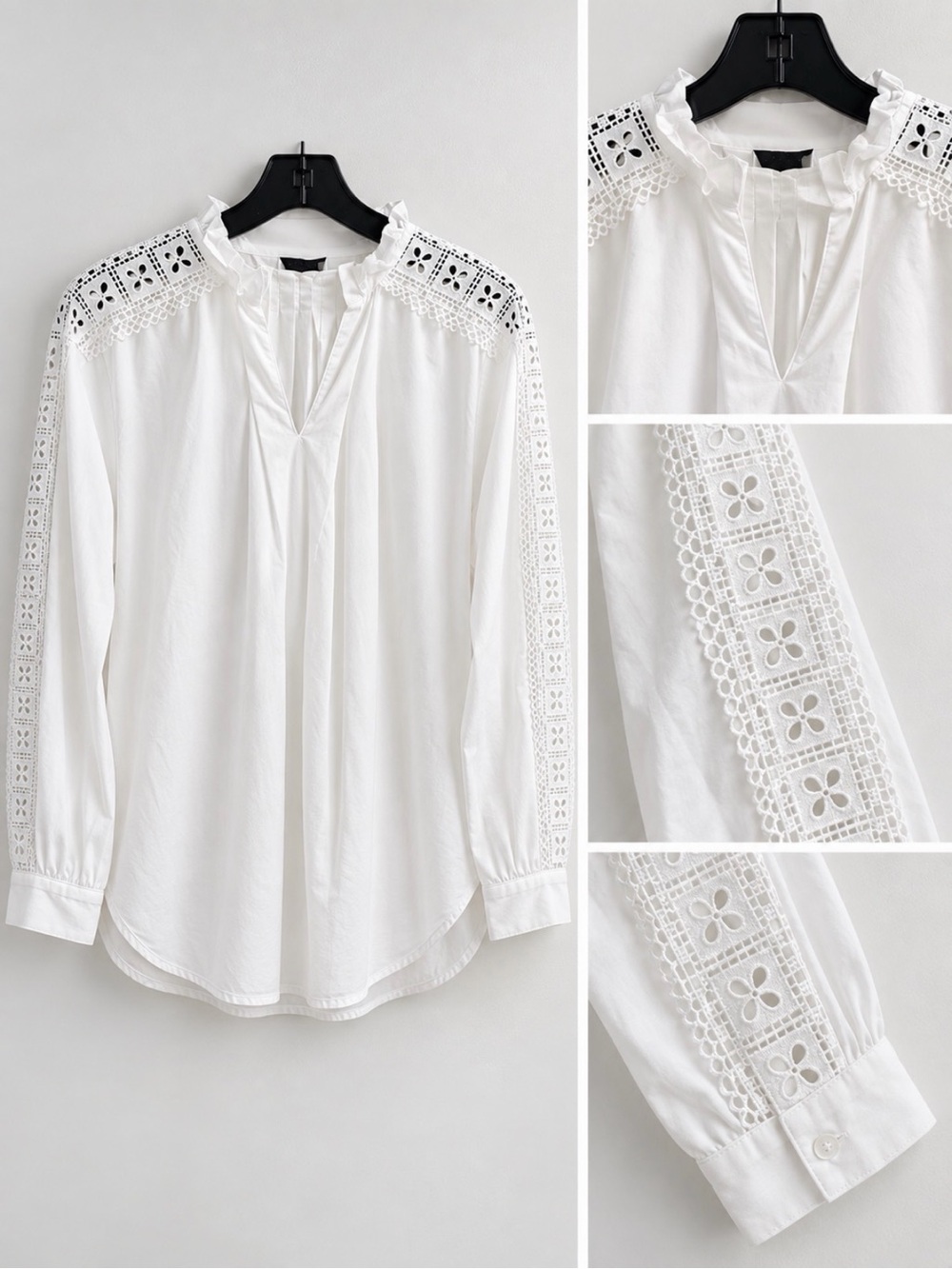 White Lace-Trim Long Sleeve Blouse